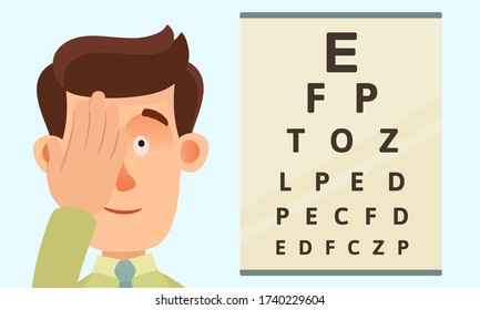 A man checks eyesight. Patient close eye with hand and looks at a poster with symbols and characters. Myopia, farsightedness. Eyesight testing, examination. Vector illustration, flat cartoon, isolated