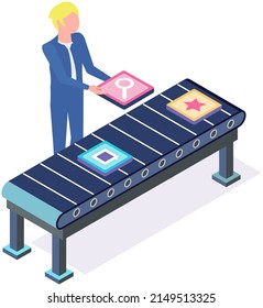 Man checks files passing on tape, program conveyor. Developer analyzes app icons, colored squares. Conveyor with items, moving belt. Male character working with continuous moving machine, transporter