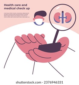 Un hombre revisa los resultados de su prueba de riñón en su teléfono. Ayuda de Inteligencia Artificial en atención médica. Ilustración vectorial plana en estilo de dibujos animados.