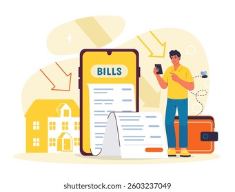 Man checks his smartphone while standing next to mobile screen with bills. House, wallet, arrows depict financial expenses. Concept of online bill payment, financial management. Vector illustration