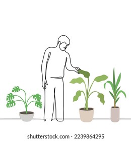 man checks the leaves of a house plant standing on the floor - one line drawing vector. the concept of a gardener, a lover of home flowers, a visit to the botanical garden