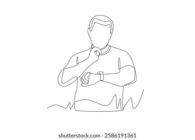 Man checks pulse on neck using smartwatch. Counting pulse concept one-line drawing