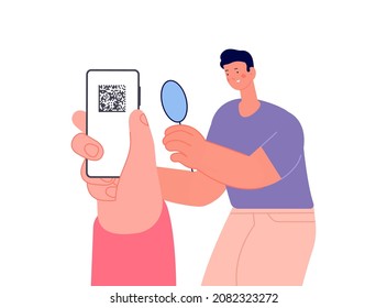 Man checks QR code on smartphone screen. Personal identification, healthcare and vaccination info. Modern lifestyle, digital barcode vector concept