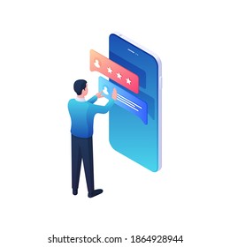 El hombre comprueba la valoración de su cuenta web. El personaje masculino lee cuidadosamente su perfil en aplicación móvil. La popularidad aumenta las redes sociales y el concepto de vectores de novedades de marketing multimedia.