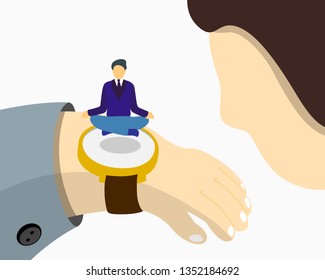 Man checks time on wristwatch. On clock sits businessman in yoga lotus position to calm down stressful emotion of hard work. Meditation rest problem solving concept. Modern vector illustration