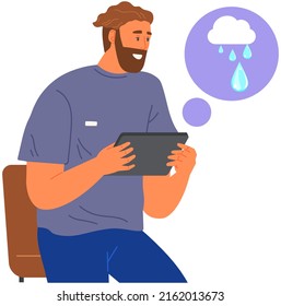 Man checks weather and air temperature in application. Program with forecasts on tablet vector illustration. Guy using meteorological app with weather forecast. Climate change indicator, rain, thunder