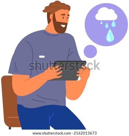 Man checks weather and air temperature in application. Program with forecasts on tablet vector illustration. Guy using meteorological app with weather forecast. Climate change indicator, rain, thunder