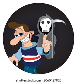 Man with a cheeky smile and a big nose pointing at reaper round sticker label