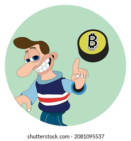 Man with cheeky smile and a big nose pointing at a bitcoin token coin