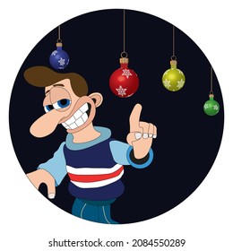 Man with a cheeky smile and big nose pointing at Christmas bulbs round sticker label