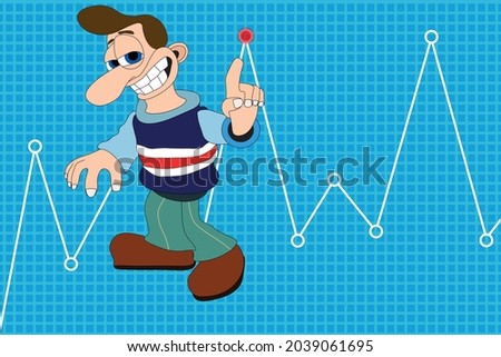 Man with cheeky smile points at red spot on graph cartoon