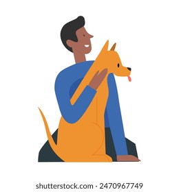 Man and cheerful dog companion play and hug, sitting on floor together vector illustration