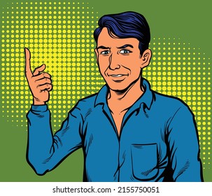 Un hombre con una sonrisa alegre apuntando hacia arriba. Ilustraciones de diseño vectorial de estilo dibujado a mano en arte pop.