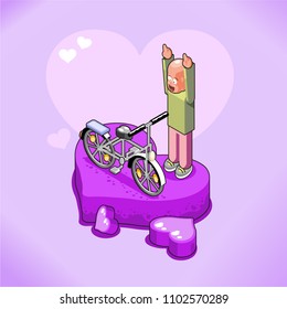 Man cheering and being happy about a bicycle, on violet heart stage, vector illustration, isometric