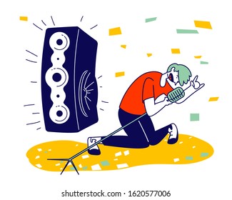 Man Cheering, Dancing and Jumping on Stage Performing Rock Composition in Karaoke Bar. Artist Singing at Music Event or Concert, Corporate Party Leisure. Cartoon Flat Vector Illustration, Line Art