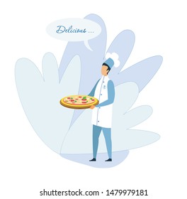 Man Chef Carrying Pizza on Tray Advertising Delicious Taste. Bistro Pizzeria Promotion. Traditional Italian Food. Bakery and Fastfood. Flat Cartoon with Creative Backdrop. Vector Illustration