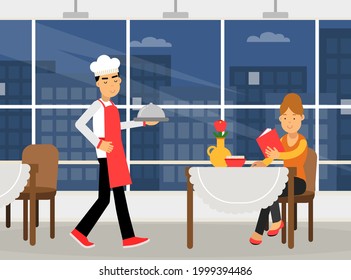 Man Chef Carrying Tray with Served Dish to Customer Table Vector Illustration