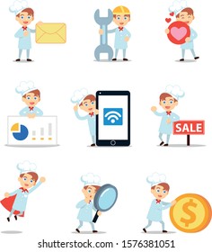 Man chef character set, work cook in restaurant