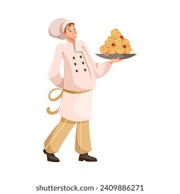 Man Chef Character in Uniform Carrying Pasta on Plate in Restaurant Cooking Meal Vector Illustration