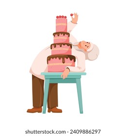 Man Chef Character in Uniform Decorate Cake in Restaurant Cooking Meal Vector Illustration