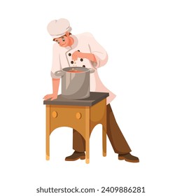 Man Chef Character in Uniform Dressing Soup in Restaurant Cooking Meal Vector Illustration