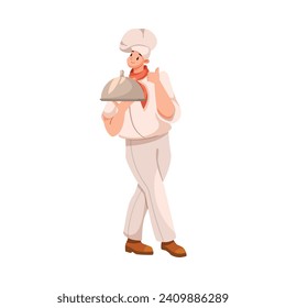 Man Chef Character in Uniform Hold Tray in Restaurant Cooking Meal Vector Illustration