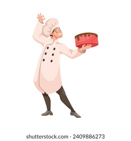 Man Chef Character in Uniform Holding Cake in Restaurant Cooking Meal Vector Illustration