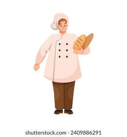 Man Chef Character in Uniform Holding Baked Bread Loaf in Restaurant Cooking Meal Vector Illustration