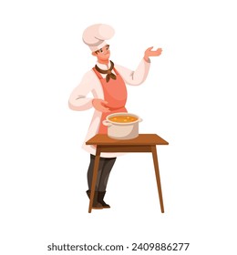 Man Chef Character in Uniform in Restaurant Cooking Meal in Pot Vector Illustration