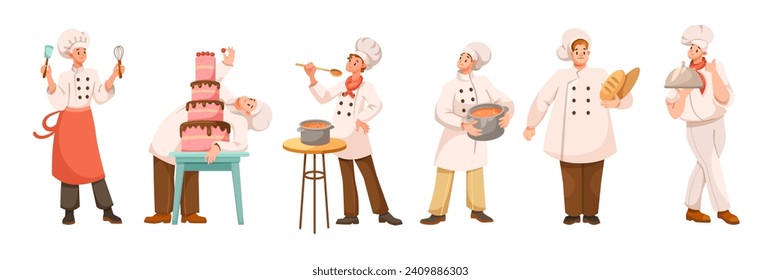 Man Chef Character in Uniform in Restaurant Cooking Meal Vector Set