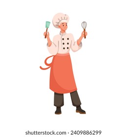 Man Chef Character in Uniform with Spatula and Whisk in Restaurant Cooking Meal Vector Illustration