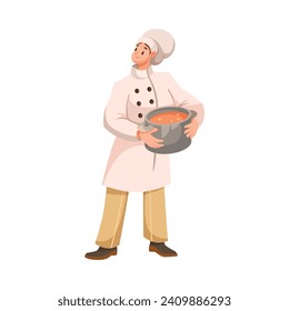 Man Chef Character in Uniform Standing with Pot in Restaurant Cooking Meal Vector Illustration