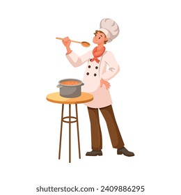 Man Chef Character in Uniform Taste Soup with Spoon in Restaurant Cooking Meal Vector Illustration