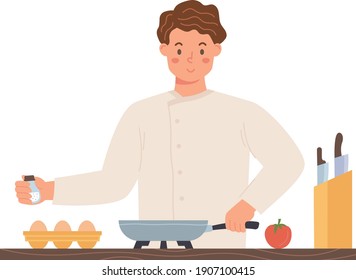 Man in chef clothes cooking eggs. Flat design illustration. Vector