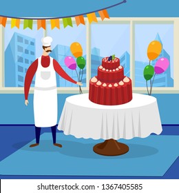 Man Chef Confectioner in White Apron and Toque Presenting Huge Beautiful Festive Cake at Restaurant Decorated with Flags Garland and Balloons for Party Celebration. Cartoon Flat Vector Illustration.