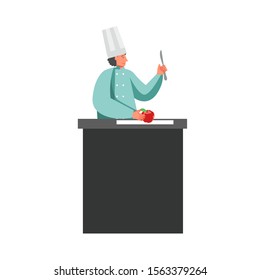 Man chef cook holding knife and red apple, vector flat illustration isolated on white background. Restaurant worker in uniform cooking.