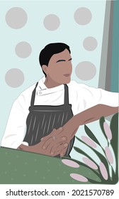   man chef cook looking out the window table thoughtful restaurant cafe apron white jacket
