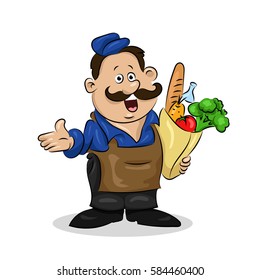 man chef cook with packet of products