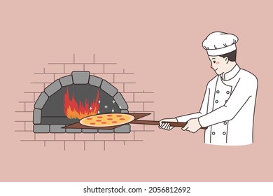 Man chef cook pizza in stone oven in restaurant. Smiling male pizzaiolo prepare italian tasty fast food dish or meal. Pizzaman cooking in pizzeria. Eating out, delivery. Flat vector illustration. 