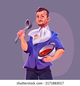 Man chef cook tomato soup. Vector cartoon illustration of character with ladle and pot with ukrainian borscht. Person cooks gazpacho, stew or tomato soup in saucepan at home kitchen