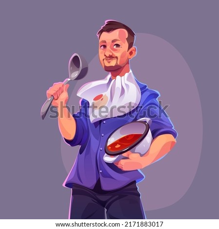 Man chef cook tomato soup. Vector cartoon illustration of character with ladle and pot with ukrainian borscht. Person cooks gazpacho, stew or tomato soup in saucepan at home kitchen