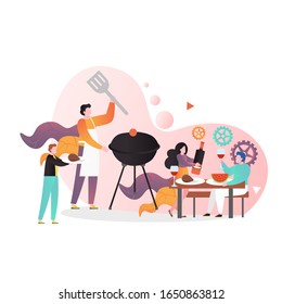 Un chef cocinando carne barbacoa, pareja feliz disfrutando de beber vino tinto, ilustración vectorial. Fiesta de barbacoa al aire libre, cita romántica, concepto de picnic de verano para banner web, página web, etc.