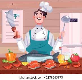 Man chef cooking and explain recipes concept. Vector graphic design cartoon illustration
