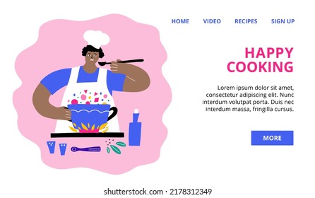 Man Chef Cooking In The Kitchen. Culinary Banner, Web Landing Page Design For Cooking Classes, Cooking At Home Concept,  Homemade Food Recipes. Hand Drawn Trendy Character Tasting Meal From Soup Pot.