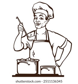 Homem chef cozinha sopa na cozinha. Smiling mestre chef mão desenhado vetor gráfico ilustração imprimível isolado no branco. Homens de verdade cozinham o Dia dos Pais.