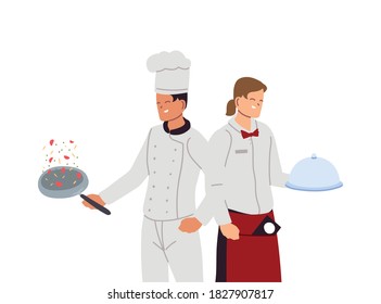 man chef cooking and waiter with tray for food vector illustration design