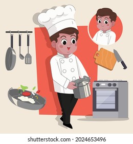 man chef cute 2d character ready for animation complete with job tools