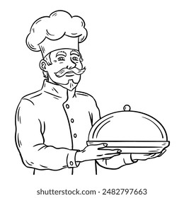 Man chef with a dish in his hands. Working in a restaurant. Cartoon vector illustration. Black and white sketch outline
