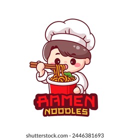 Man chef eating a cup of spicy noodles mascot logo