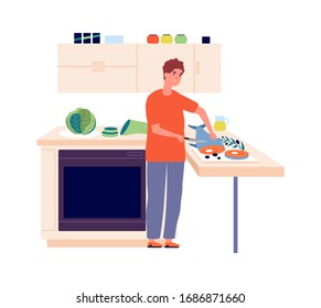 Man chef. Guy cutting fish in kitchen. Cooking, healthy eating and diet. Isolated male character cooking vector illustration